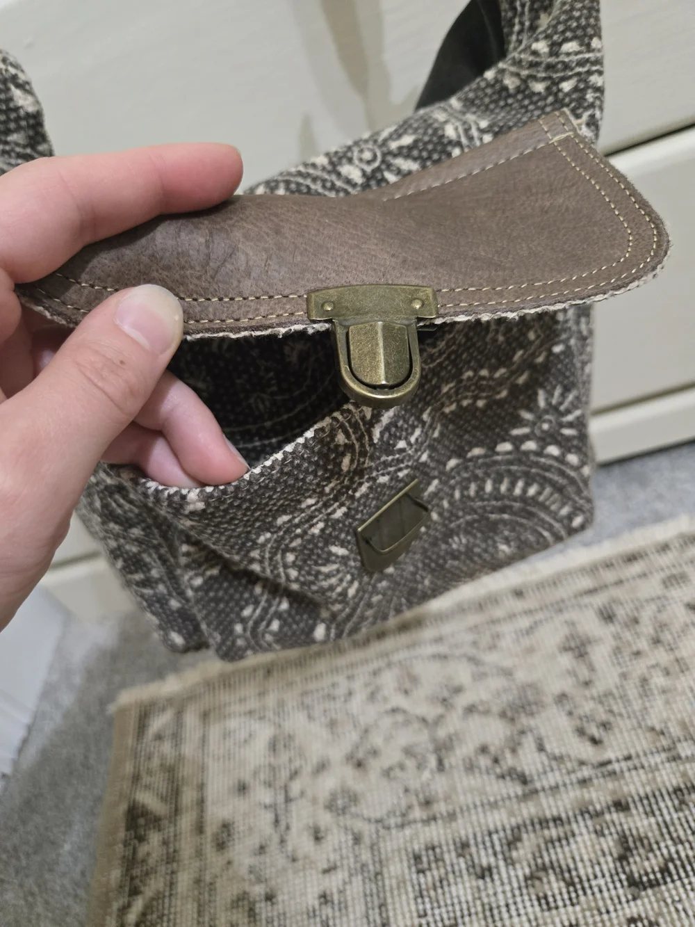 Myra Bag: Charcoal & Brown Patterned Canvas Crossbody Bag with Leather Flap
